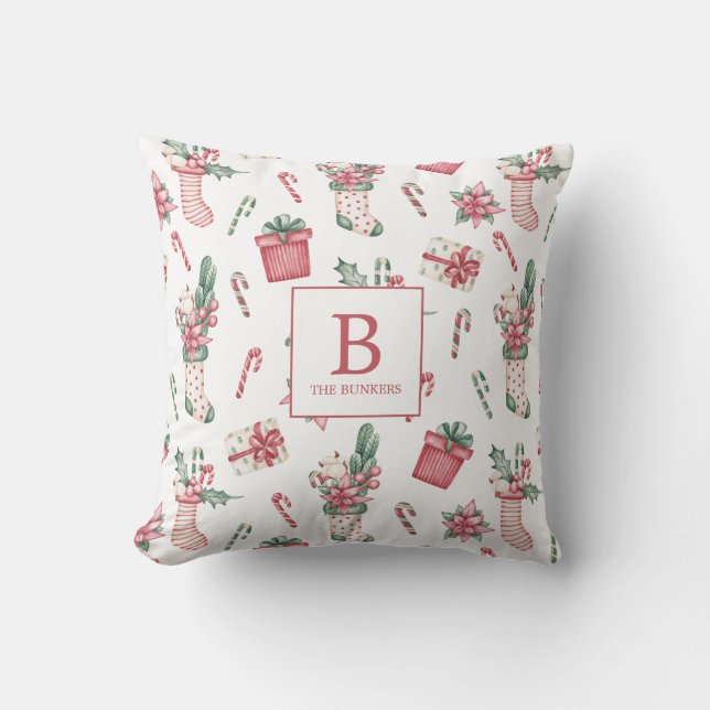 Coussin Bas de Noël rose et vert, fleurs, bonbons (Recto)