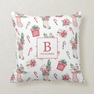 Coussin Bas de Noël rose et vert, fleurs, bonbons