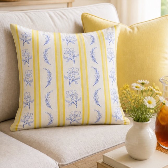 Coussin Base Jaune Rayé Bleu et Blanc Décoratif (Créateur téléchargé)
