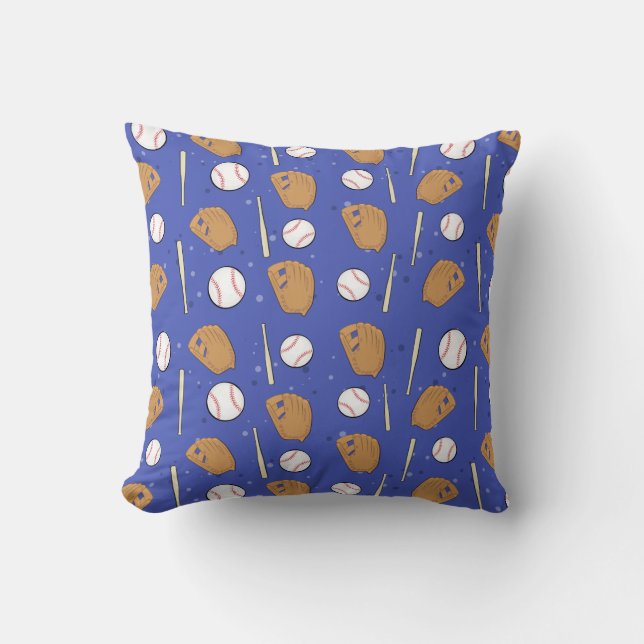 Coussin Baseball - Gants, Balles et Batte sur Fond Bleu (Recto)