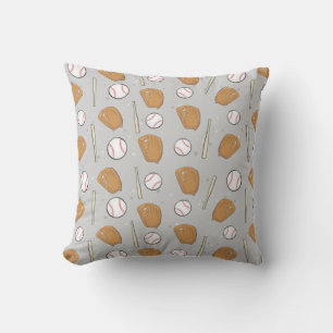 Coussin Baseball - Gants, balles et battes sur fond gris