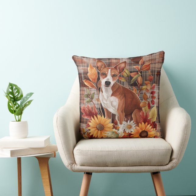 Coussin Basenji Chien Automne Aquarelle Fleurs (Chaise)