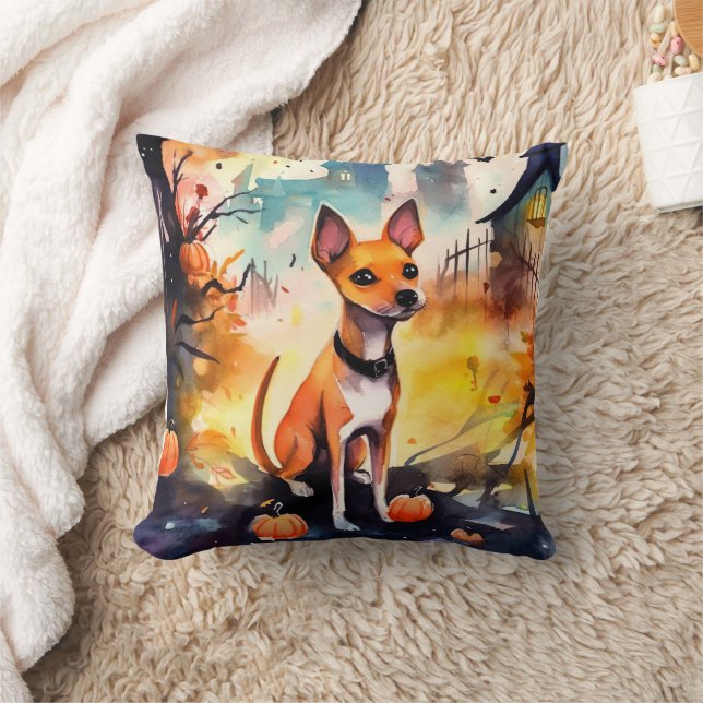 Coussin Basenji d'Halloween avec citrouilles effrayant (Couverture)