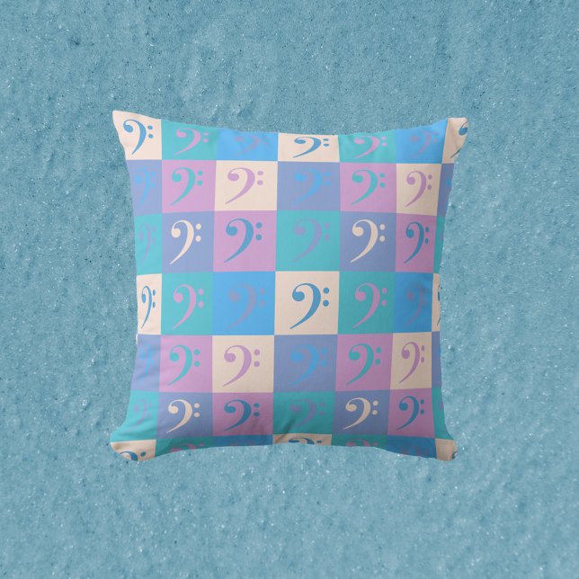 Coussin Bass Clef Music Pastel Colors Pattern (A throw pillow with a pattern of bass clefs in a pastel color scheme.)