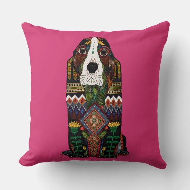Coussin Basset Hound amour fuchsia rose (Recto)