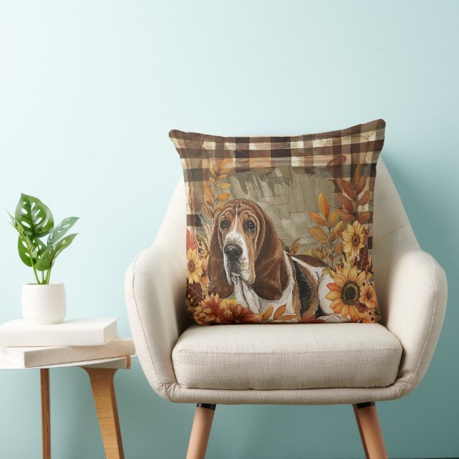 Coussin Basset Hound Chig Automne Aquarelle Fleurs (Chaise)