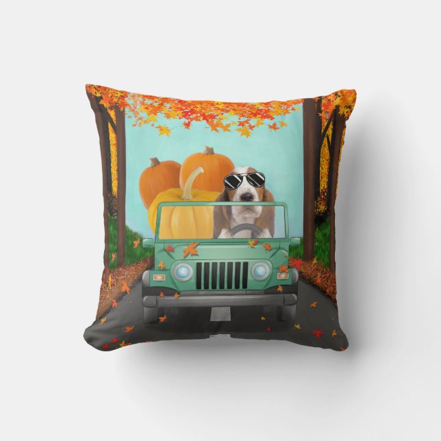 Coussin Basset Hound Chig Citrouille automne (Recto)
