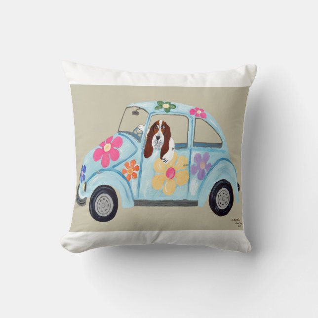 Coussin Basset Hound dans une voiture hippie (Recto)