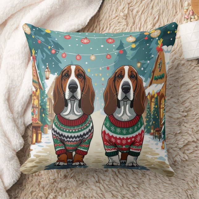 Coussin Basset Hound Dogs Christmas Snow Holiday (Couverture)