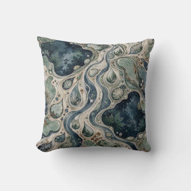 Coussin Bassins botaniques bleus céladon fluides (Recto)