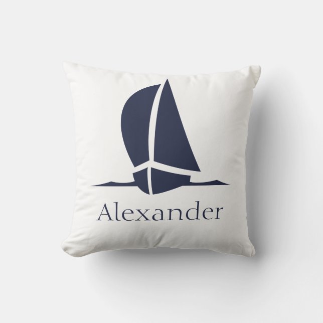 Coussin Bateau à voile blanc marine Monogramme côtier bleu (Recto)