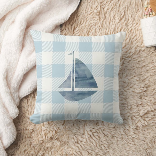 Coussin Bateau à voile bleu En vichy vérifier (Couverture)
