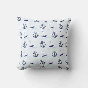 Coussin Bateau à voile et Motif d'Ancres Bleu