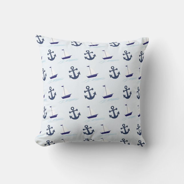 Coussin Bateau à voile et Motif d'Ancres Bleu (Recto)