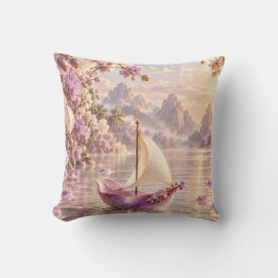 Coussin Bateau à voile orchidée lilas Lac de montagne rêve