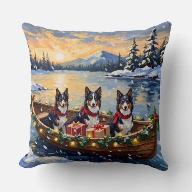 Coussin Bateau de Noël de Rough Collie pour les Fêtes (Recto)