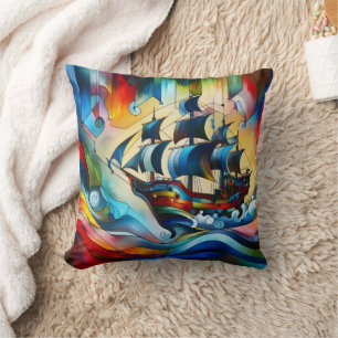 Coussin Bateau de pirates colorés dans des vagues Abstrait