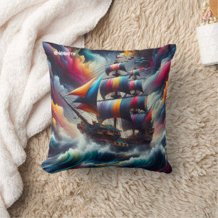 Coussin Bateau de pirates colorés navigue sur les mers tem