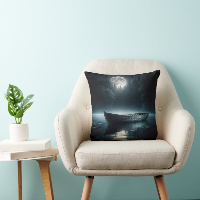 Coussin Bateau en bois sur lac au clair de lune (Chaise)