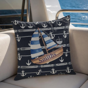 Coussin Bateau nautique et Ancre Marine Bleu