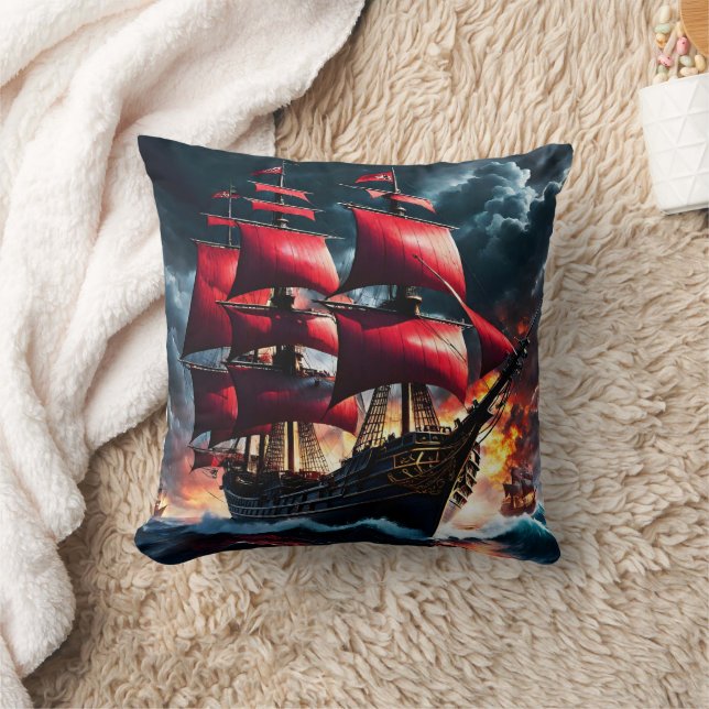 Coussin Bateau Pirate à voile rouge Bataille Mer Stormy (Couverture)
