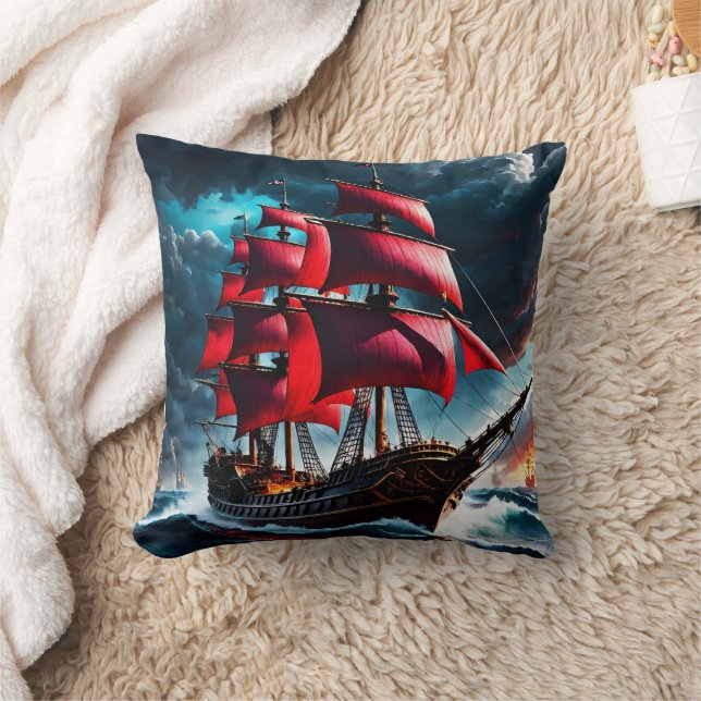 Coussin Bateau Pirate à voile rouge naviguant sur les mers (Couverture)