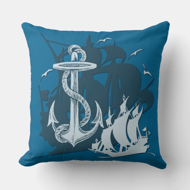 Coussin Bateau pirate & Ancre Silhouette blanche (Recto)