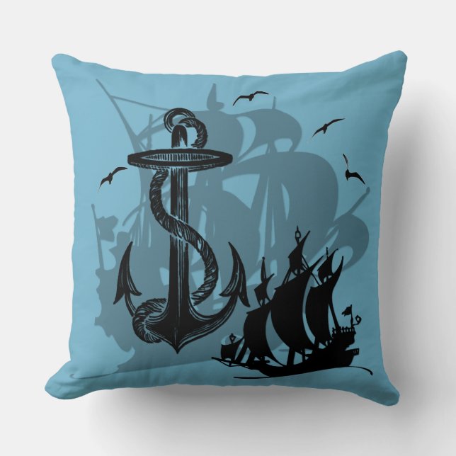 Coussin Bateau pirate et Ancre Noir Silhouette Jeu d'oreil (Recto)