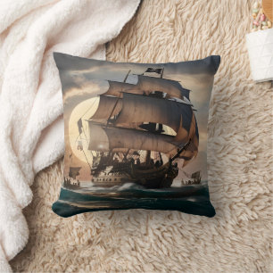 Coussin Bateau Pirate naviguant à Dusk avec des vagues rou