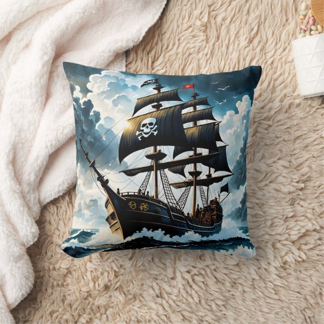 Coussin Bateau Pirate Naviguant À Travers Les Eaux Stormy (Couverture)