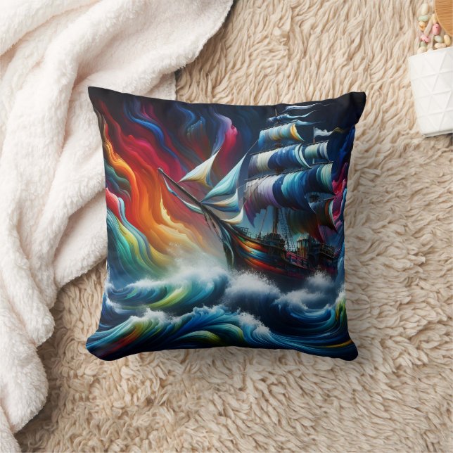 Coussin Bateau Pirate Vibrant Naviguant sur les mers tempé (Couverture)