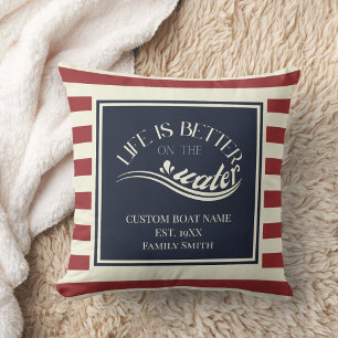 Coussin Bateau rayé bleu marine rouge nom 