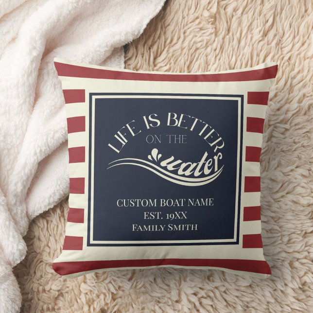 Coussin Bateau rayé bleu marine rouge nom  (Créateur téléchargé)