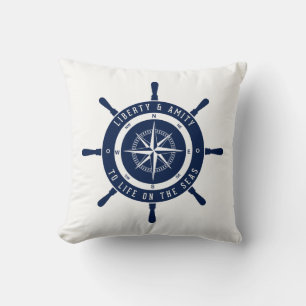 Coussin Bateau Roue, Étoile Nautique - Bleu, Blanc - Nauti