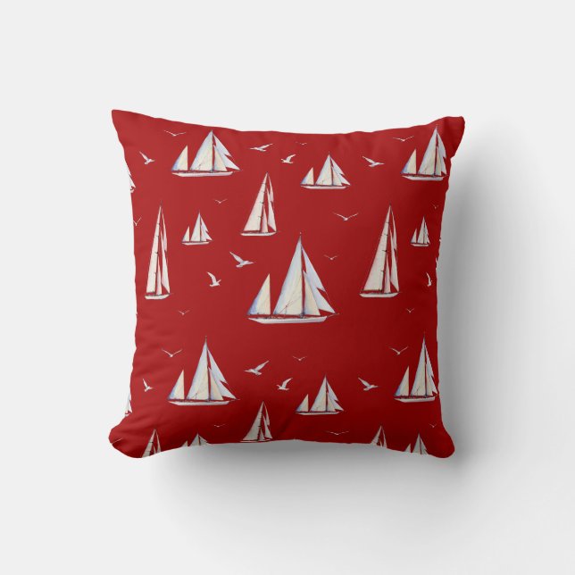 Coussin Bateaux à voile et mouettes sur le rouge (Recto)