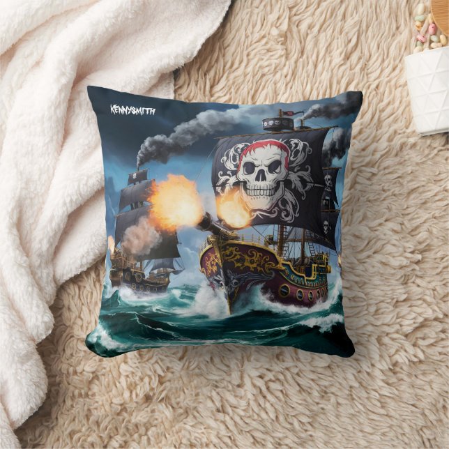 Coussin Bateaux pirates à feu de bois engagés dans une bat (Couverture)