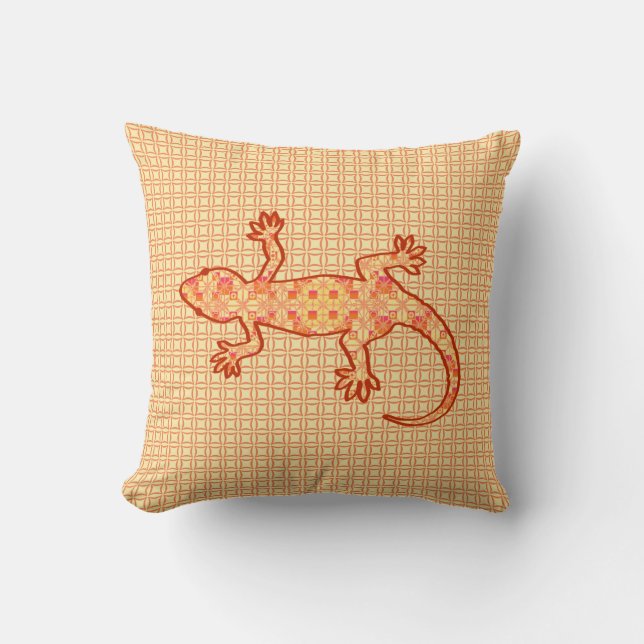 Coussin Batik tribal Gecko - corail et orange clair (Recto)
