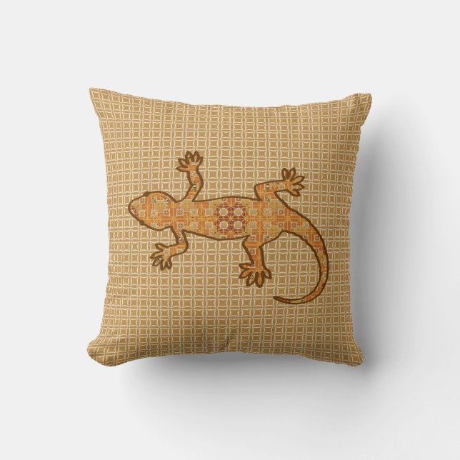 Coussin Batik tribal Gecko - rouille, ambre et bronze (Recto)