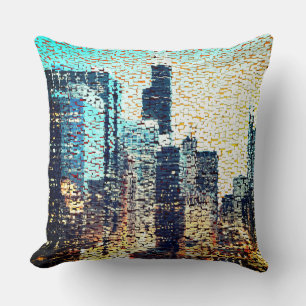 Coussin Bâtiments de la ville bleue en mosaïque avec relie