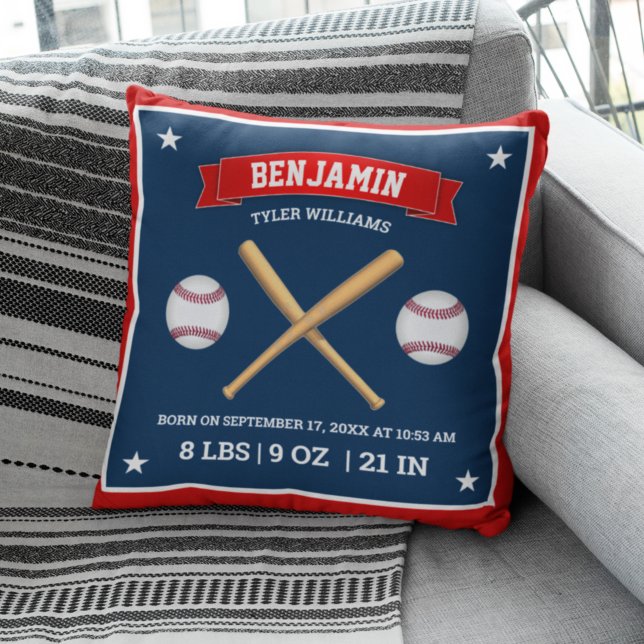 Coussin Battes et balles de baseball rouges et bleus Stats (Créateur téléchargé)