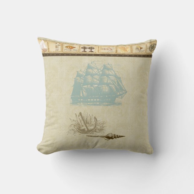 Coussin Beach Cottage Carte nautique Navire Rosette Vintag (Recto)