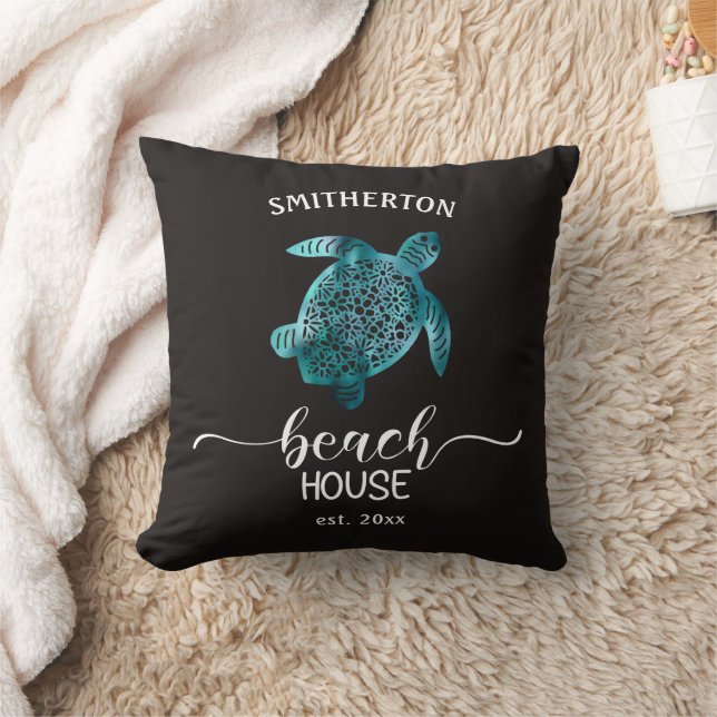 Coussin Beach House Turquoise Turtle Nom noir Famille (Couverture)