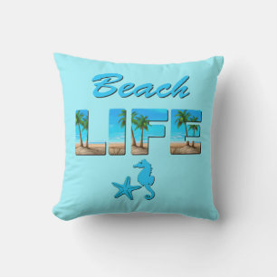 Coussin Beach Life Word Art avec sable et palmiers