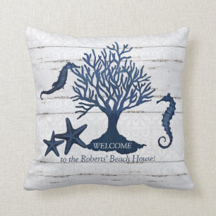 Coussin Beach Shore Home Navy Vintage Sehorse Coral