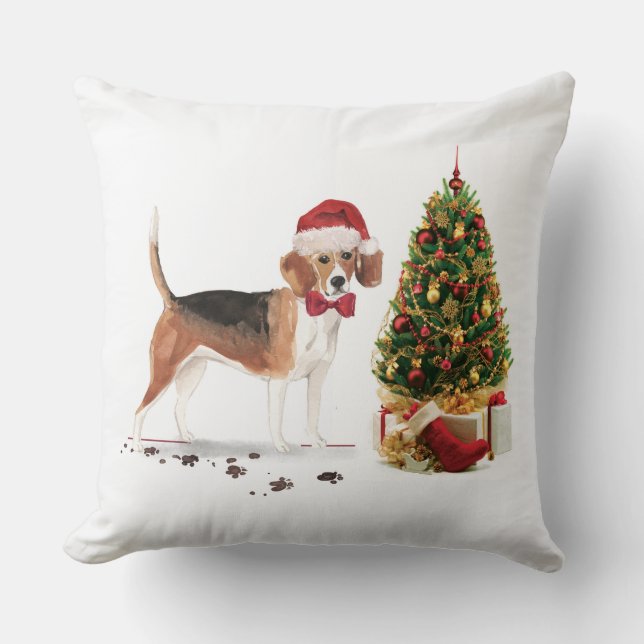 Coussin Beagle drôle Chien de Noël avec arbre (Recto)