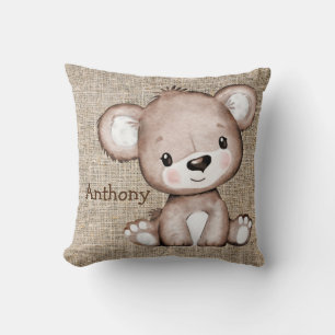 Coussin Bear Burlap Nom Rustique Aquarelle