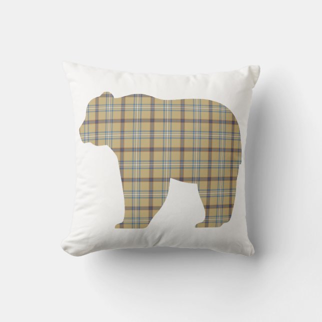 Coussin Bear Shape Plaid Tan Blue Cabin Core (Recto)