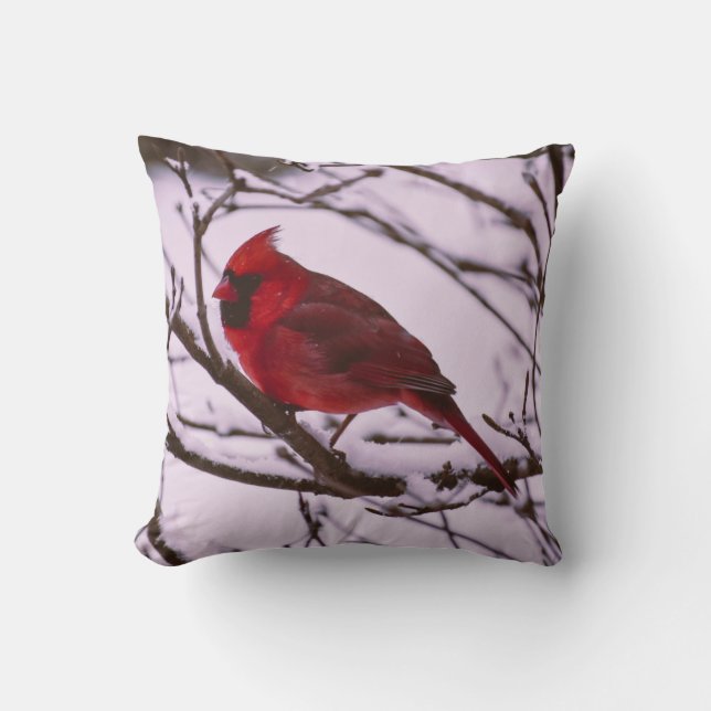 Coussin Beau cardinal rouge dans un arbre à neige (Recto)