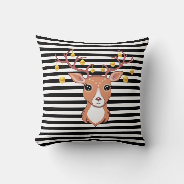 Coussin Beau Cerf sur Fond Rayé Noir et Blanc (Recto)