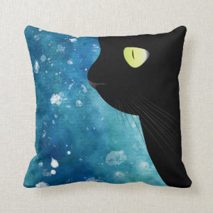 Coussin Beau chat noir dans le carreau bleu d'aquarelle
